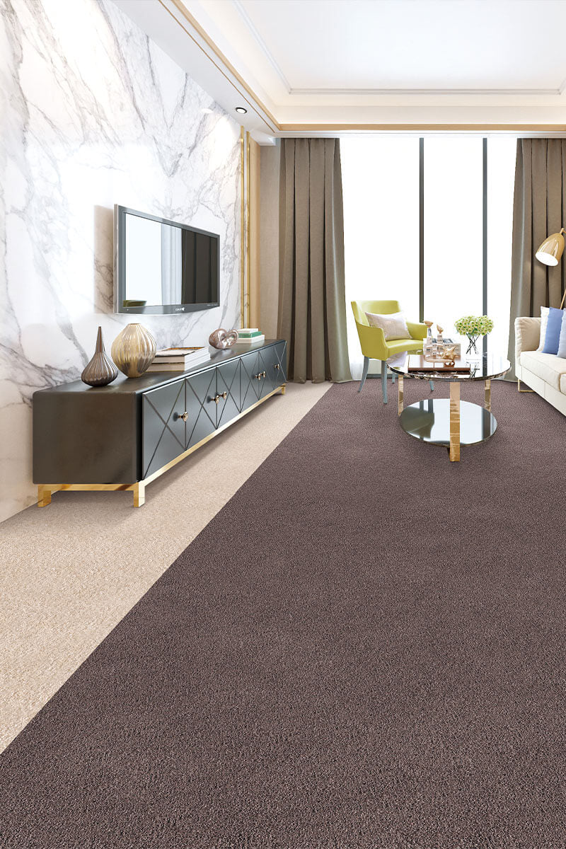 Modern living room with a brown carpet, gray sideboard, and yellow chairs.