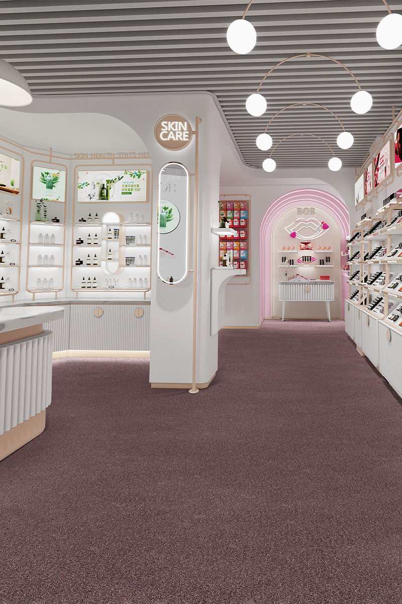 Cosmetic store interior with skincare products and a 'Skin Care' sign.